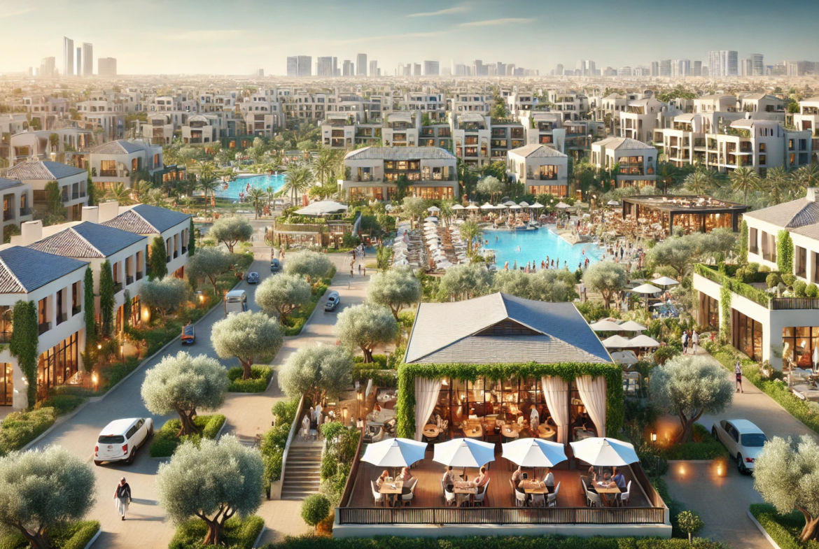 A luxury residential development scene in Meydan, Dubai, featuring upscale villas and apartments surrounded by a lush green landscape.