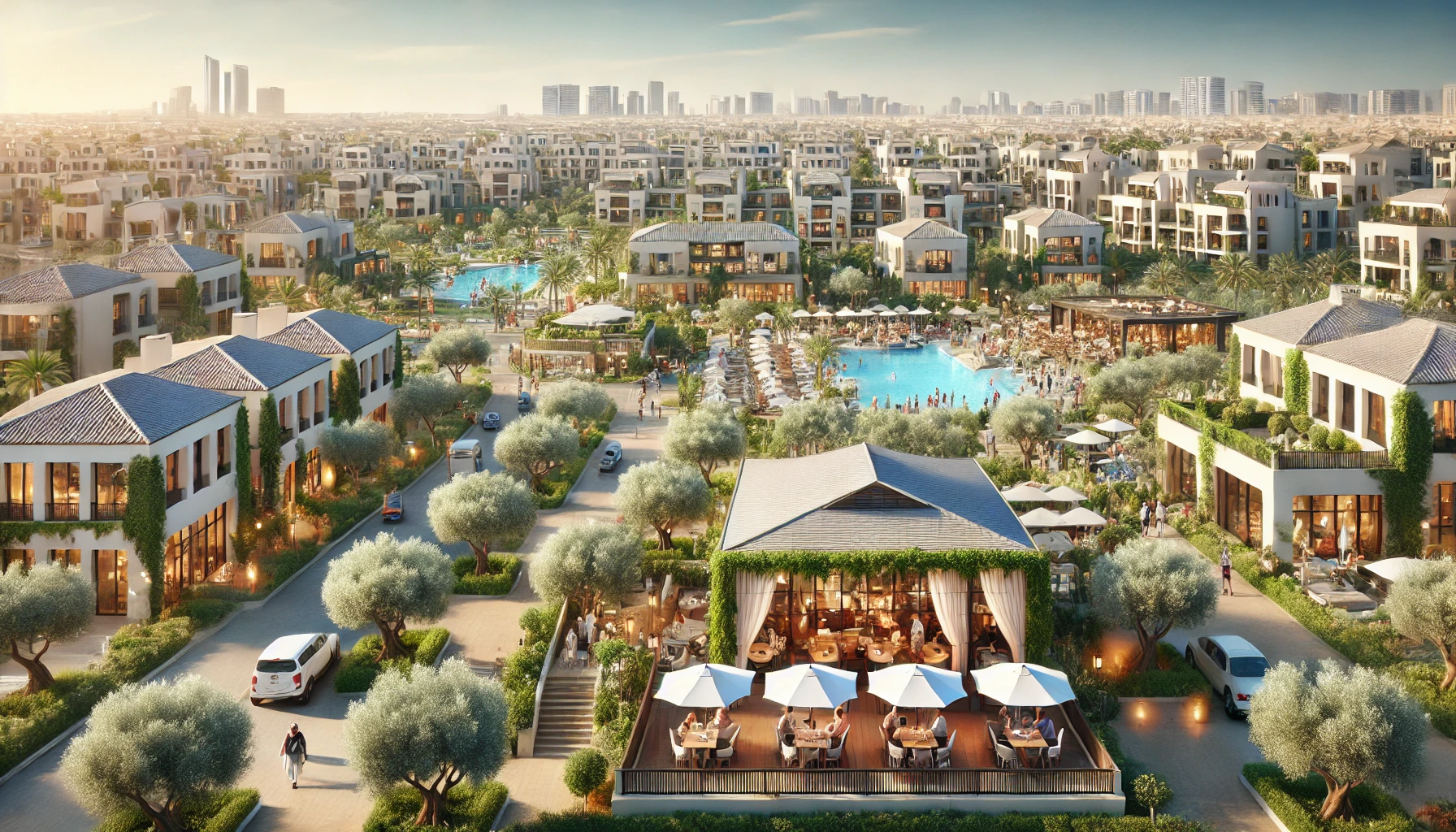 A luxury residential development scene in Meydan, Dubai, featuring upscale villas and apartments surrounded by a lush green landscape.