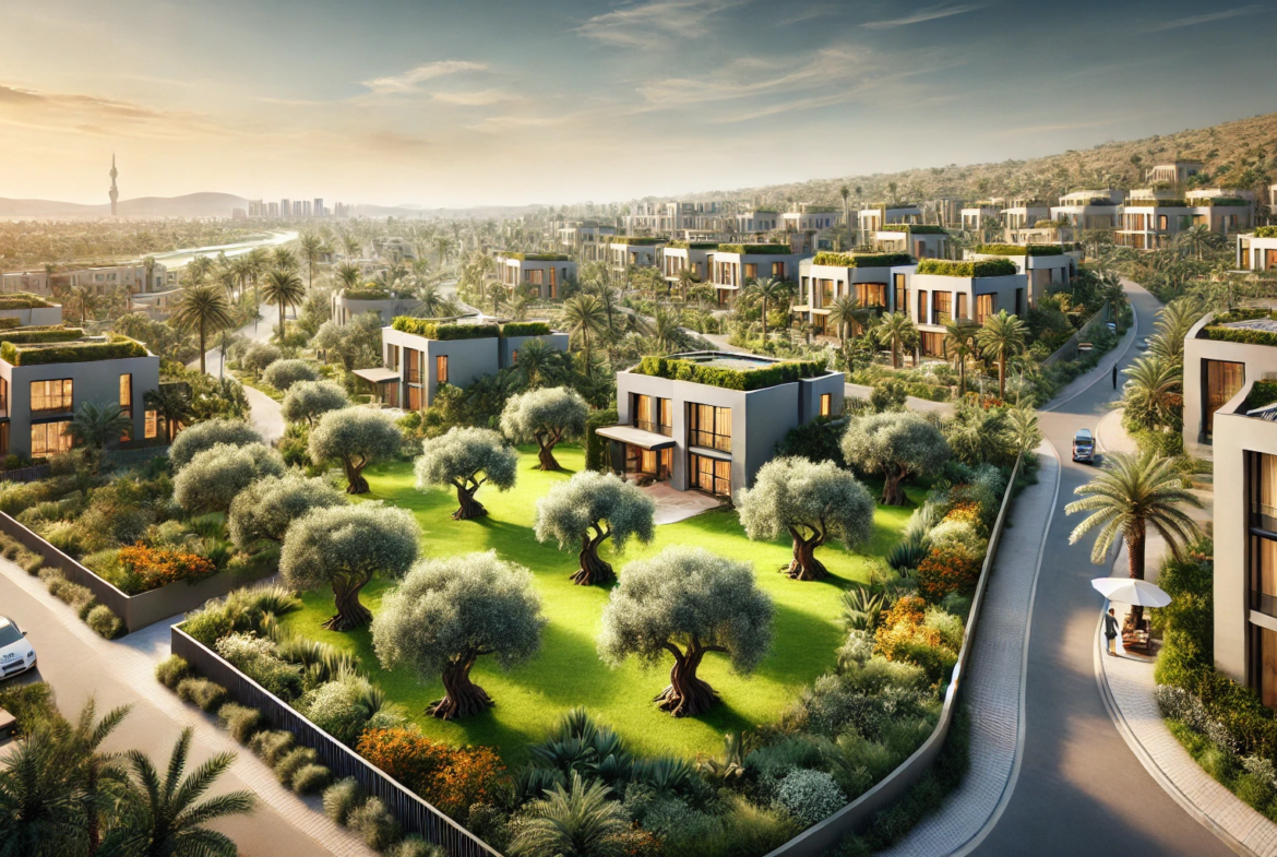 A luxury residential development scene in Meydan, Dubai, featuring upscale villas and apartments surrounded by a lush green landscape.