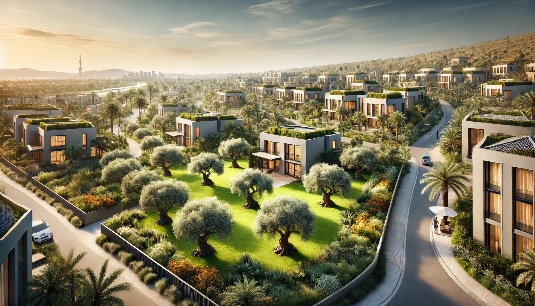 A luxury residential development scene in Meydan, Dubai, featuring upscale villas and apartments surrounded by a lush green landscape.